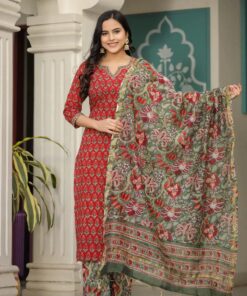 RED CHAKORI STRAIGHT CHANDERI DUPATTA SUIT SET