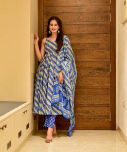 blue and grey linear cotton suit set