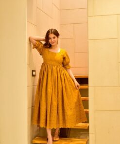 mustard sawan embroidered dress
