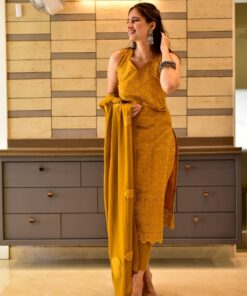 mustard chikankari kurta set