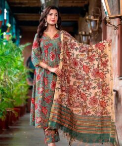 NASREEN GREEN FLORAL BLOCK PRINT EMBROIDERY SUIT SET