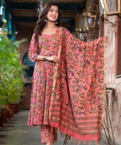 GHOOMAR FLORAL BLOCK PRINT HANDWORK SUIT SET