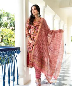 PARNIA PEACH EMBROIDERY HANDBLOCK CHANDERI SUIT SET