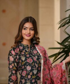 VANITY GREEN ROSE HANDBLOCK CHANDERI DUPATTA SUIT SET