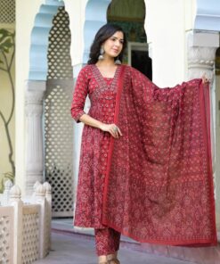 MAHEEN MAROON COTTON ALIA CUT SUIT SET