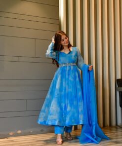 blue marble printed organza suit set