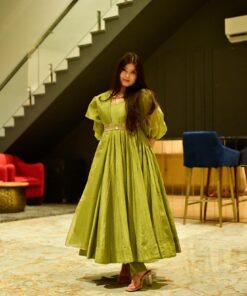 green embroidery silk suit set