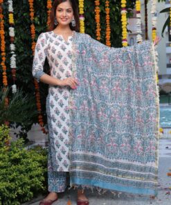 BLUE-WHITE HANDBLOCK CHANDERI DUPATTA SUIT SET